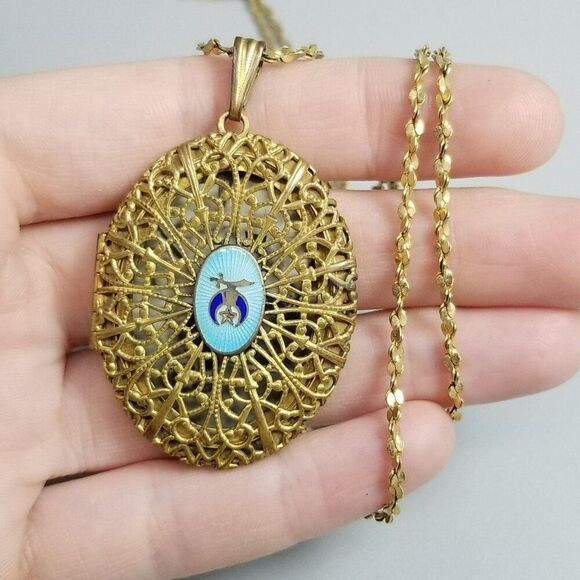 Vintage Shiners Enamel Symbol Gold Tone Filigree Oval Locket Necklace, Estate - Picture 11 of 11